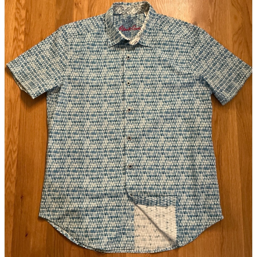 Robert Graham Medium Teal Blue Geometric Print‎ Shirt 98% Cotton Stretch
